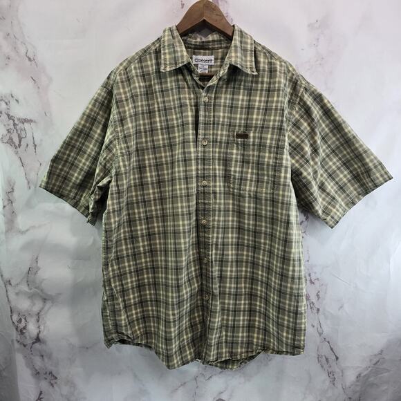 Carhartt Shirt Mens Large Short Sleeve Button Up Plaid Green Collared - Picture 1 of 13